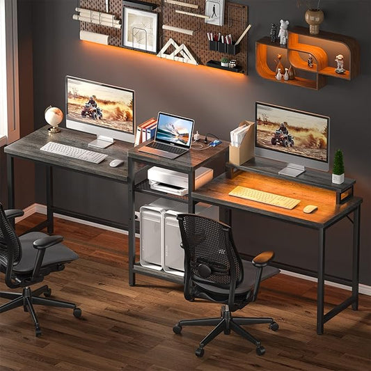 Unikito Two Person Desk with LED Light and Power Outlet, Double Computer Desks with Monitor Stand and Printer Stand, Double Gaming Computer Desk, Long Gaming Desk, Home Office Work Desk, Black Oak