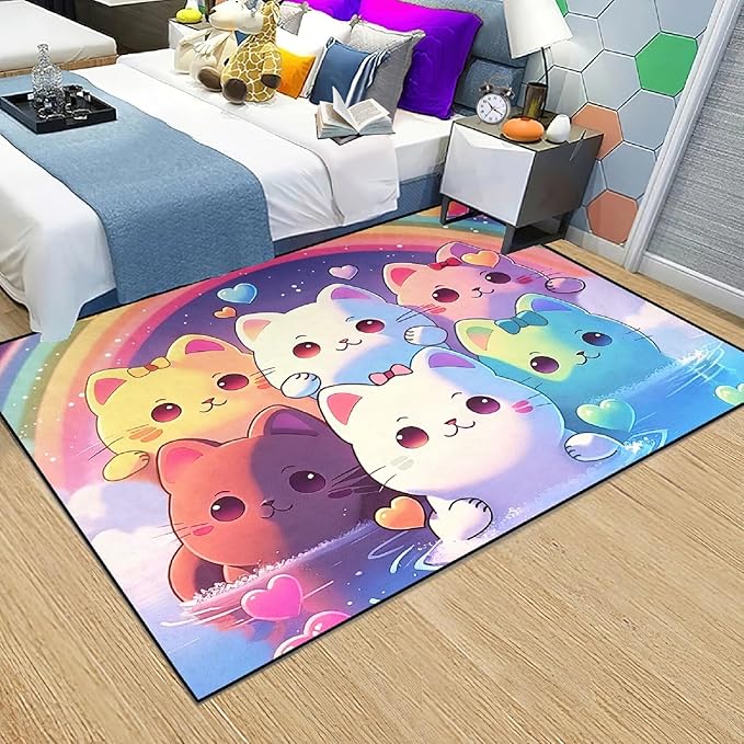 Rainbow Cat Rug for Girls - Colorful Cat Rug for Kids Bedroom Cute Cartoon Cat Pattern Rug Lovely Cat Rugs Room Decor Anime Cat Area Rug, 5x7 Feet