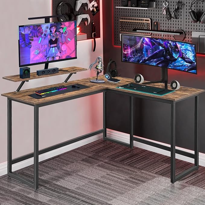 L Shape Computer Desk - Spacious 55 inch Corner Desk Home Office Desk Gaming Desk with Reversible Monitor Stand and Adjustable Feet, Easy Assembly, Rustic Brown