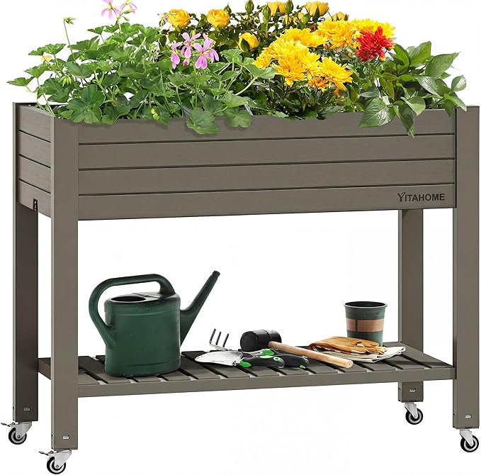 YITAHOME 43.3x17.7x34 in Elevated Garden Bed, Outdoor Plastic Planter Box with Wheels, Legs, Drain Plug, and Storage Shelf for Plants, Vegetables, Flowers, Herbs, Light Brown