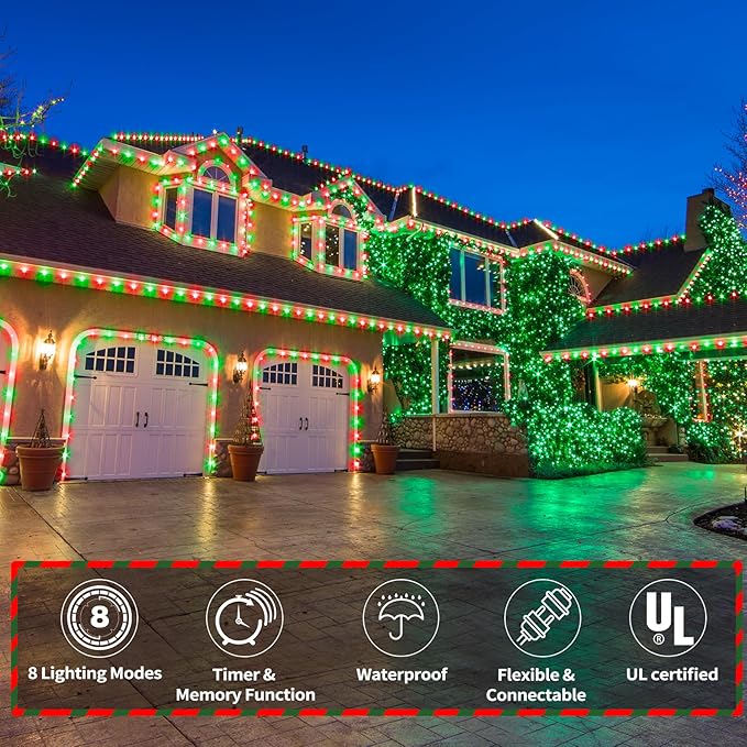50ft LED Rope Lights Outdoor, 360 LED Connectable and Flexible Tube Lights with 8 Modes, Waterproof LED Rope Lighting for Garden Patio Pool Bedroom PartyIndoor Outdoor Christmas Decor (Red & Green)