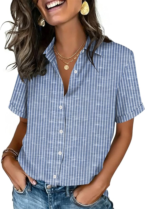 Zeagoo Button Down Shirts for Women Short Sleeve Collared Tops Dressy Casual V Neck Blouses