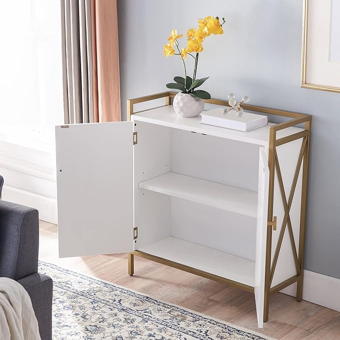 Leick Home 9200-WTGL Claudette Mixed Metal and Wood Foyer Hall Cabinet, White/gold