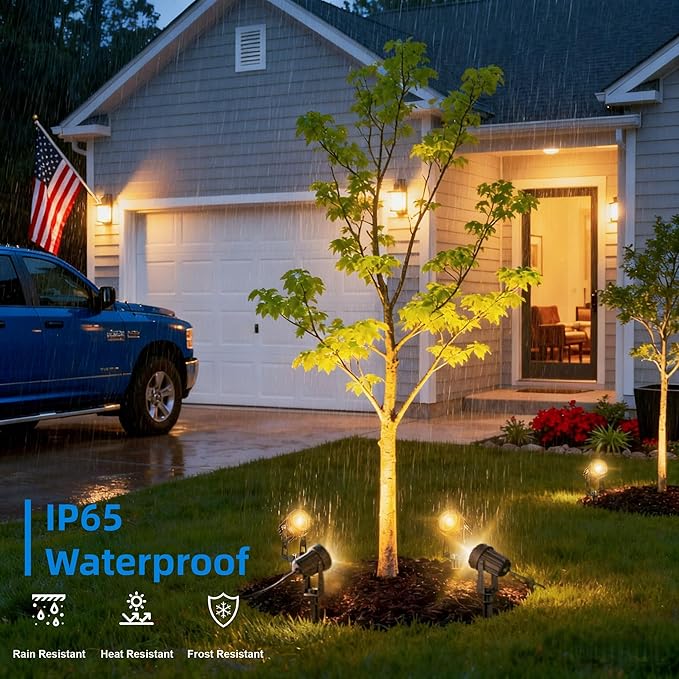 All-in-One Low Voltage Landscape Lighting, Dusk to Dawn Transformer Timer, Waterproof Spotlights, Dimmable LED Outdoor Landscaping Lights Kit for Yard Backyard Tree House 24V Warm White 4 Pack