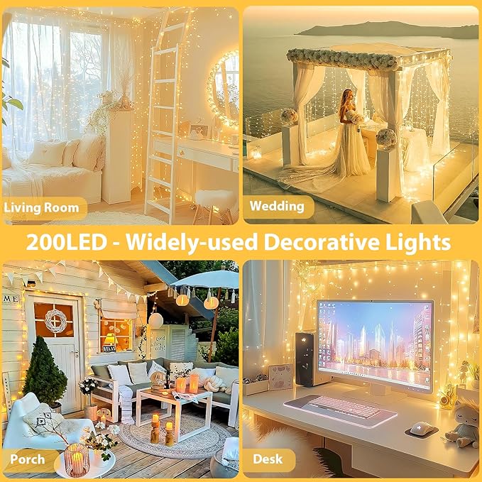 Connectable 200 LED String Lights Indoor Outdoor with Timer, 66FT 13 Modes Warm White Christmas Lights Waterproof, Twinkle Fairy Lights Plug in Clear Wire for Christmas Tree, Bedroom, Classroom Decor