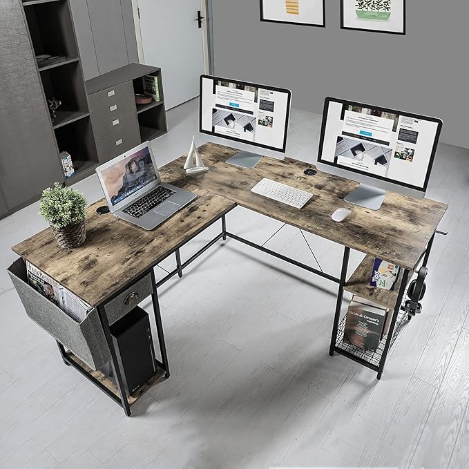 X-cosrack 2 Person Desk Large L-Shaped Computer Desk with Storage Shelves Drawer, Home Office Writing Corner Desk, Long Desk PC Laptop Workstation with Hooks Storage Bag Cable Hole