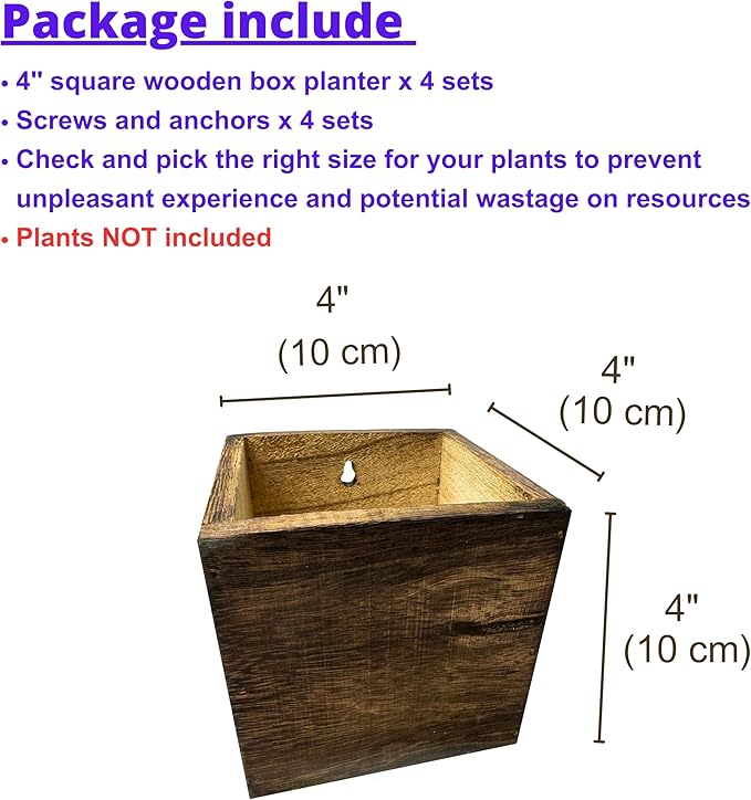 LaLaGreen Wood Planter Boxes (4x4 Inch, 4 Pack) Small Square Wooden Wall Mounted Flower Pot for Indoor Plants, Window Box Mount Hanging Herb Planters Outdoor Plant Holder Vertical Garden Home Decor