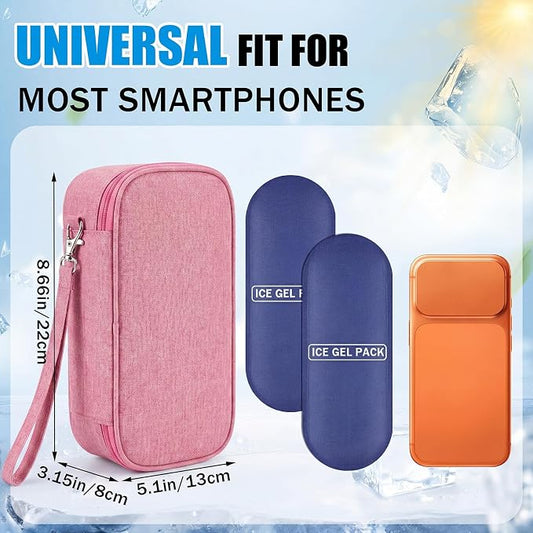 Phone Cooler Bag for Beach, Portable Phone Cooling Pouch with 2 Reusable Ice Packs, Keeps Cool in Extreme Heat for Car Pool Hiking, Extends Battery Life, Fits All Smartphones(Pink,Fabric)
