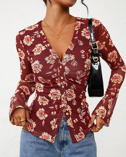 BTFBM Button Down Shirts for Women 2026 Fall Boho Tops V Neck Long Sleeve Blouses Ruched Mesh Fitted Fashion Clothing