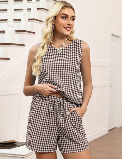 LOMON Women's Trendy 2 Piece Outfits Shorts Sets Summer Crew Neck Sleeveless Tank Top and Bottom Matching with Pockets 2026