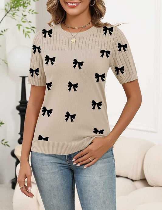 Zeagoo Women's Short Sleeve Sweater Tops 2026 Spring Summer Crew Neck Hollow Out Blouses Dressy Business Casual Outfits