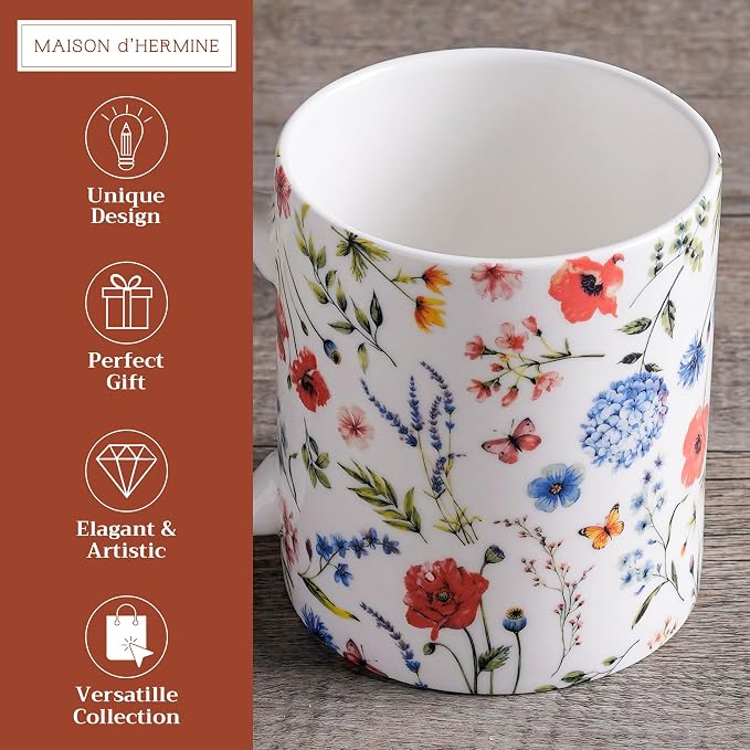 Maison d' Hermine Coffee Mug with Handles Tea Cups (12 Ounce, Pack of 1) | Fine Bone China Coffee Mugs for Hot Beverages Cappuccino Latte Home Restaurant Spring Summer -Just Floral - Blues 'N Redz