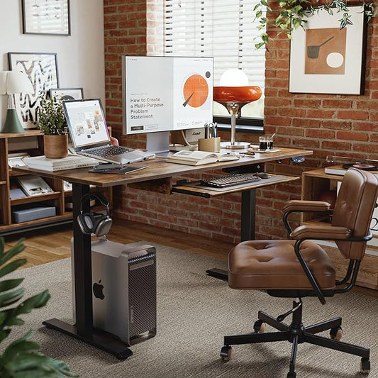 Height Adjustable Desk with Keyboard Tray, 55 x 24 Inches Electric Standing Desk, Stand up Computer Table with Memory Preset, Modern Lift Motorized Gaming Workstation, Rustic Brown