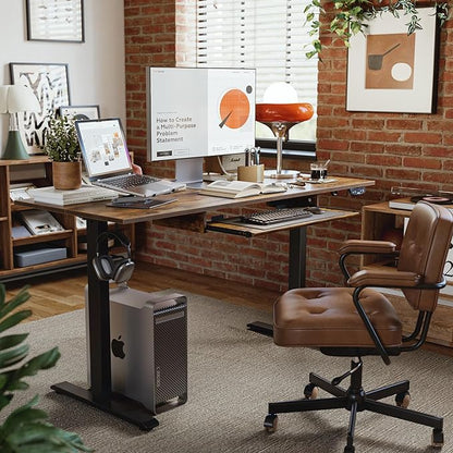 Height Adjustable Desk with Keyboard Tray, 48 x 24 Inches Electric Standing Desk, Stand up Computer Table with Memory Preset, Modern Lift Motorized Gaming Workstation, Rustic Brown