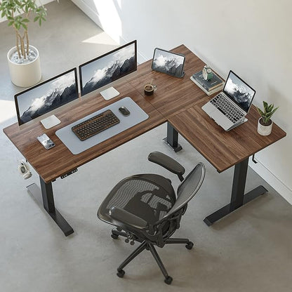 FEZIBO Triple Motor L-Shaped Electric Standing Desk, 63 Inches Height Adjustable Stand up Corner Desk, Sit Stand Workstation with Splice Board, Black Frame/Black Walnut Top