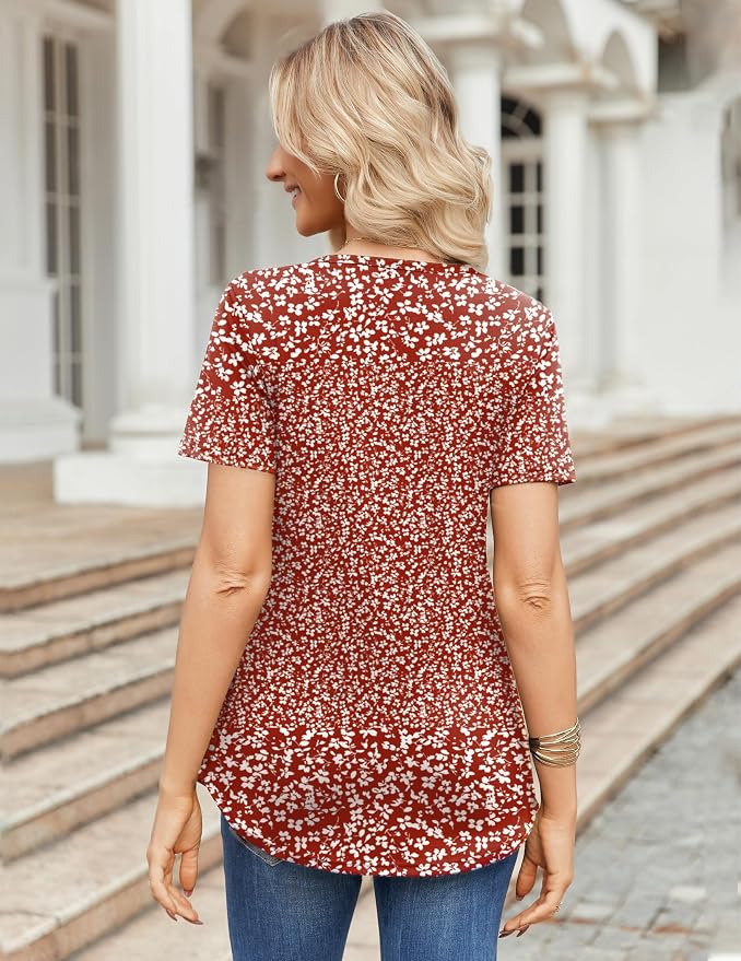 Zeagoo Womens Short Sleeve Tops Summer Henley V-Neck Tshirts Casual Pleated Blouse Dressy Loose Floral Basic Tee