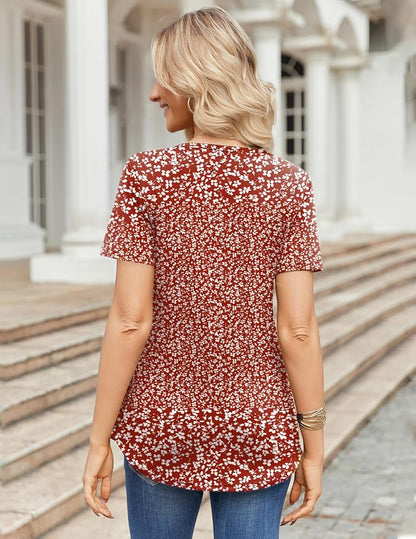 Zeagoo Womens Short Sleeve Tops Summer Henley V-Neck Tshirts Casual Pleated Blouse Dressy Loose Floral Basic Tee