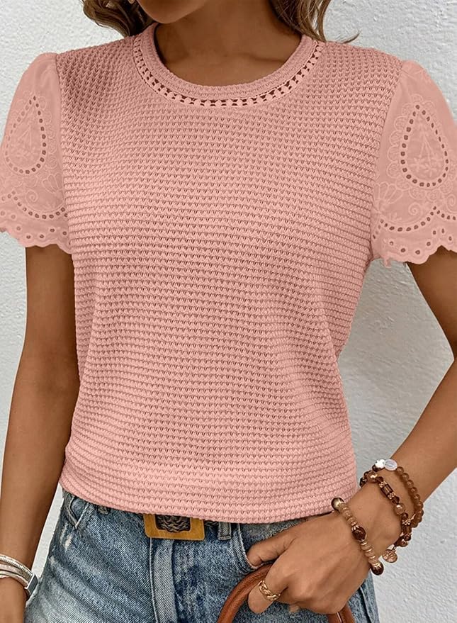 SHEWIN Womens Frenchy Summer Tops Crewneck Short Sleeve T Shirts Casual Waffle Knit Jacquard Blouses Top Shirts