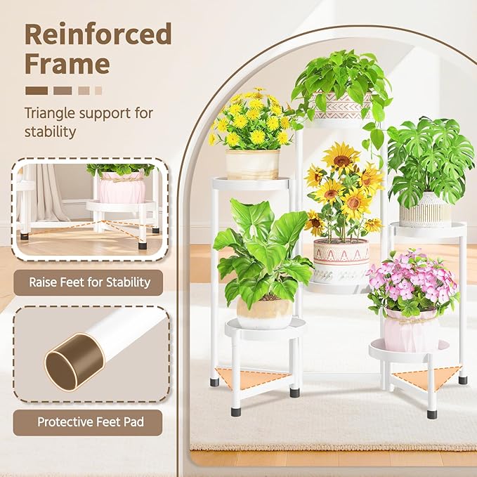 LASZOLA 6 Tiered Folding Tall Plant Stand Indoor for Multiple Large Planter, Heavy Duty Metal Adjustable Flower Rack for Narrow Corner, Sturdy Vertical Spiral Shelving Holder for Modern House, White