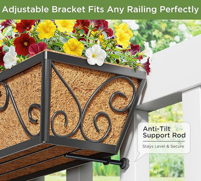 Y&M 30 Inch Butterfly Window Deck with Coco Liner, Fence Metal Hanging Flower Planter Window Basket Deck Railing Planter Boxes for Outdoor Garden Lawn 6pcs