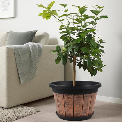 Quarut Large 4 Pack 16 inch Plant Pots,Whiskey Barrel Planters with Drainage Holes & Saucer,Plastic Decoration Flower Pots Retro Design,Planters for Outdoor Indoor Garden Balcony Plants (Brown)