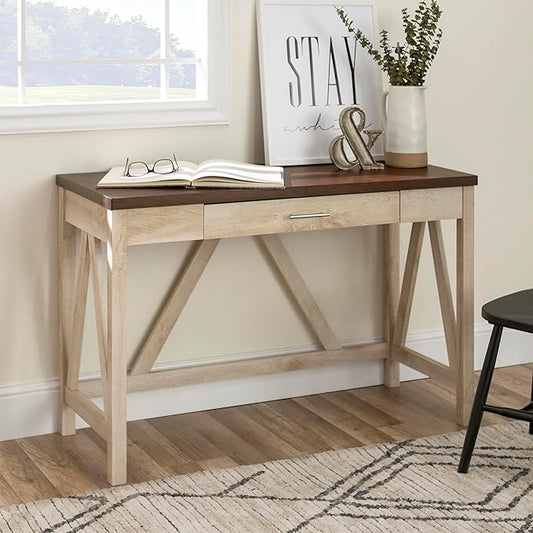 Walker Edison Rustic Farmhouse Wood Computer Writing Desk Home Office Workstation Small, 46 Inch, White Oak and Brown