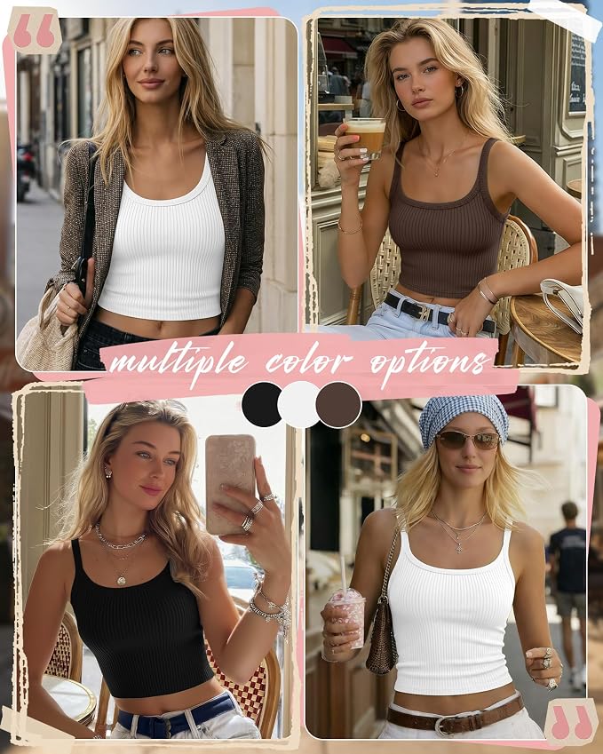 Ficerd 3 Pack Women's Tank Tops 95% Cotton Spaghetti Strap Ribbed Crop Camisole Slim Fitted Basic Summer Sleeveless Layer