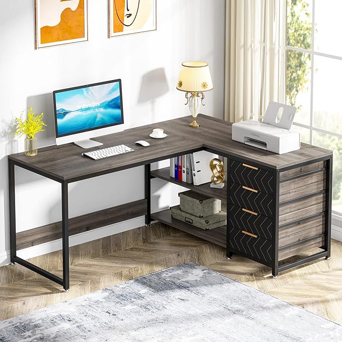 59-Inch L Shaped Desk with Drawers, Large Computer Desk with Storage Shelves, Reversible L-Shaped Corner Desk Workstation for Home Office