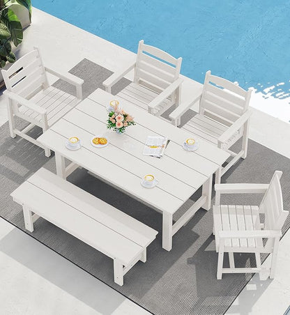 SERWALL HDPE Outdoor Dining Table for 6, 67" Rectangle Patio Dining Table with Umbrella Hole, White