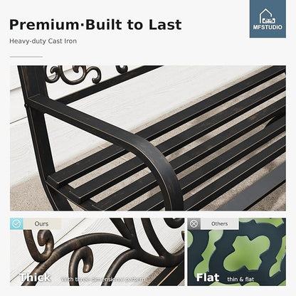 MFSTUDIO 50 Inches Outdoor Garden Bench, Cast Iron Metal Frame Patio Park Bench with Floral Pattern Backrest, Arch Legs for Porch, Lawn, Yard-Bronze