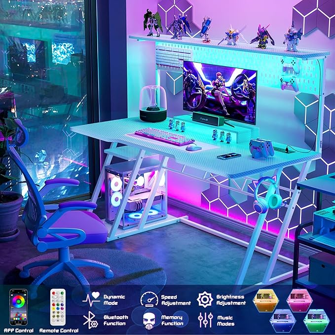 55'' White Gaming Desk with Hutch and LED Lights, Gaming Computer Desk with Storage Shelves & Z-Shaped Legs, Reversible PC Gaming Desk with Pegboard, Ergonomic Desk for Bedroom, Carbon Fiber Surface