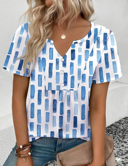 Zeagoo Womens Short Sleeve Tops Summer Henley V-Neck Tshirts Casual Pleated Blouse Dressy Loose Floral Basic Tee
