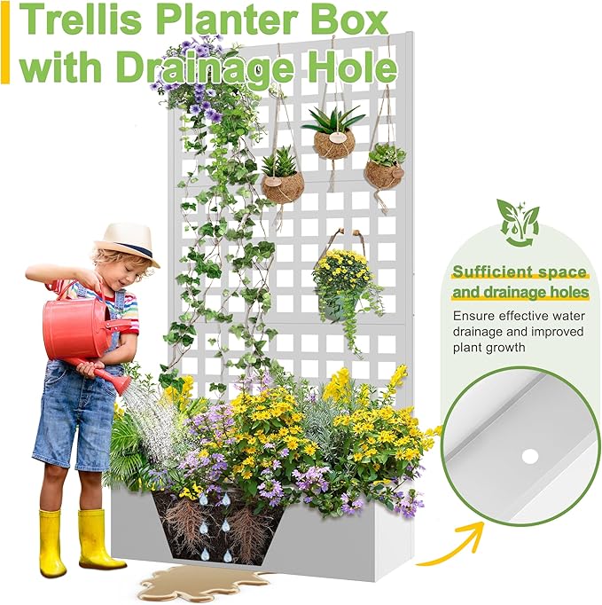 FENCY Metal Raised Garden Bed with Trellis, Planter Box with Trellis, Garden Box for Climbing Plants Vegetable, 35''Lx16''Wx71''H Metal Garden Bed with Drainage Holes(White)