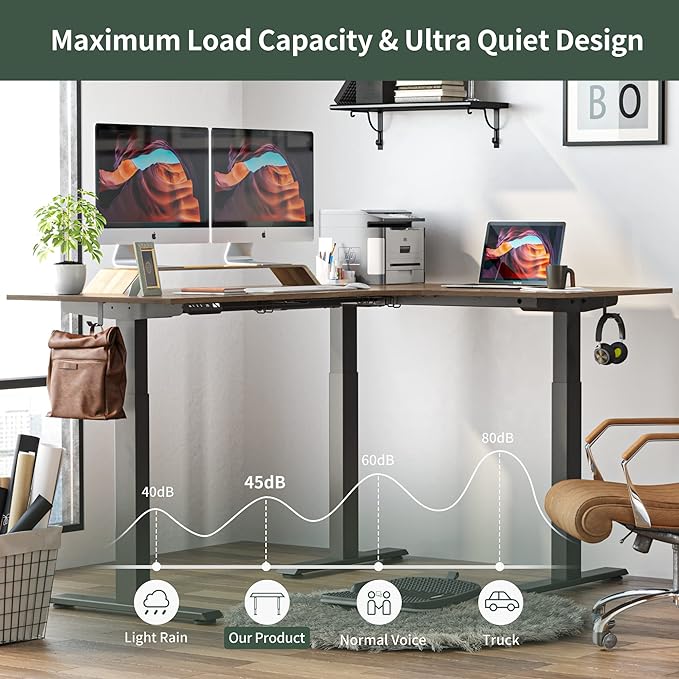 FEZIBO Triple Motor L-Shaped Electric Standing Desk, 63 Inches Height Adjustable Stand up Corner Desk, Sit Stand Workstation with Splice Board, Black Frame/Black Walnut Top