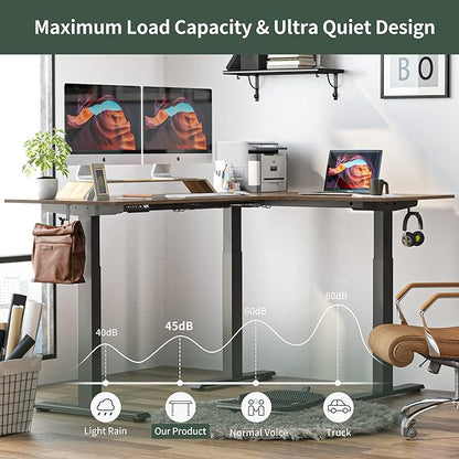 FEZIBO Triple Motor L-Shaped Electric Standing Desk, 63 Inches Height Adjustable Stand up Corner Desk, Sit Stand Workstation with Splice Board, Black Frame/Black Walnut Top