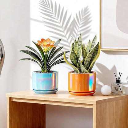 EFISPSS Ceramic Planter 4+5+6 Inch Ceramic Flower pots for Indoor Plants with Drainage,for Succulent Cactus,Garden Planters,Modern Decorative for Home Blue Pearl Glaze Plant Pots