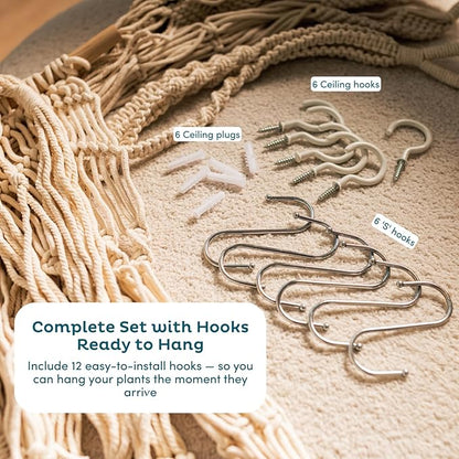 Nook Theory 6-Pack Macrame Plant Hangers with 12 Hooks - Hanging Planters for Indoor Plants, Boho Macrame Hangers Indoor Outdoor, Decorative Plant Hanger Indoor (Light Gray)