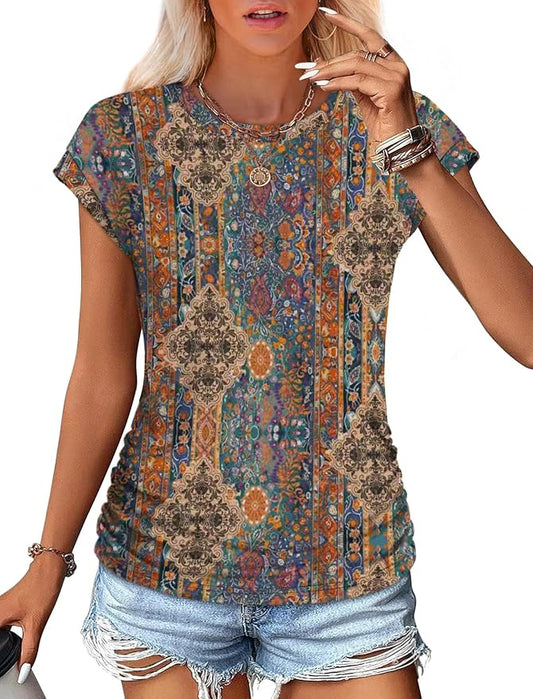 Sampeel Womens Summer Tops Trendy 2026 Ruched Cap Short Sleeve Tshirts Shirts Crew Neck T Shirts Fashion