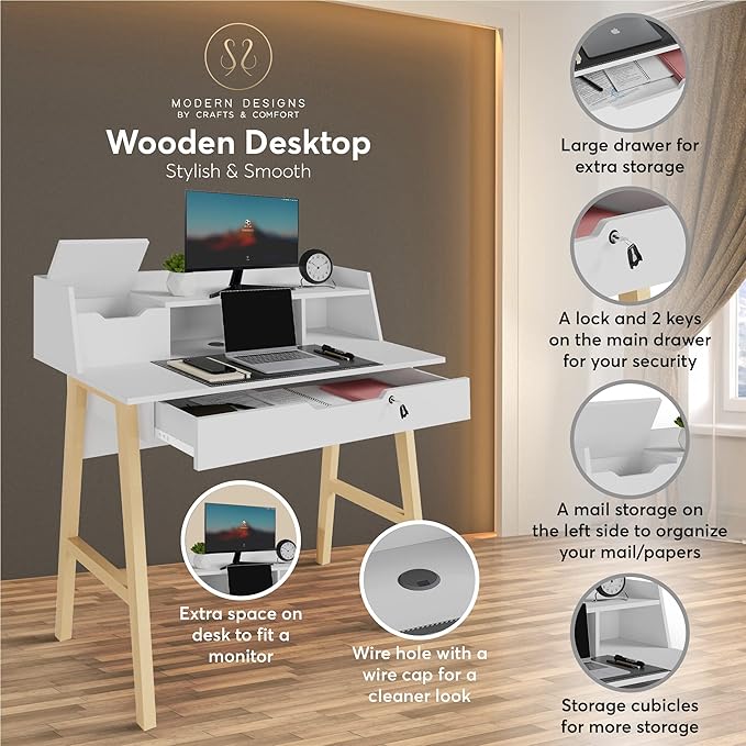 Roma Writing Desk - Elegant Wood Study Desk With Storage, Cable Holes & Drawers - Work Table for Home, Office, Dorm, Small Spaces - Compact Black Desk, 40x19x36.9” (white)