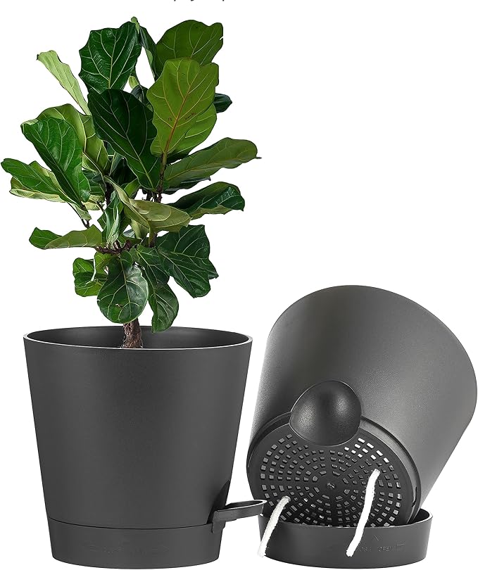 FaithLand 2-Pack 9 Inch Planter Pots for Indoor Outdoor Plants, Self Watering Flower Pots with Deep Reservoir, Black …
