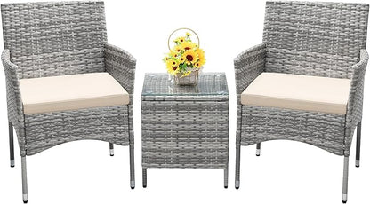Devoko 3 Pieces Patio Furniture Sets Clearance PE Rattan Wicker Chairs with Table Outdoor Garden Porch Furniture Sets (Light Grey)