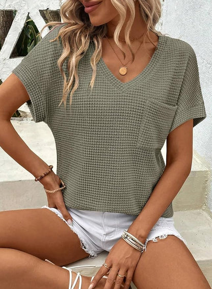Dokotoo Womens Waffle Knit Tops 2026 Spring Summer V Neck Shirts Casual Trendy Women's Blouses Basic Tee