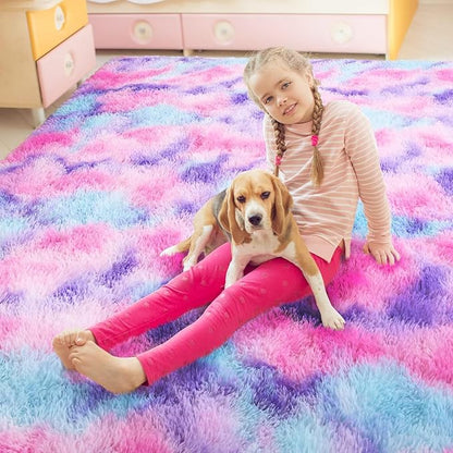 AROGAN 8x10 Feet Soft Rainbow Area Rugs for Kids Girls Room, Fluffy Cute Colorful Princess Carpet for Kids Teens Nursery Toddler,Bedroom, Hot Pink