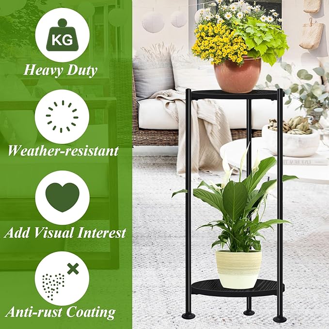 2-Pack Plant Stand Indoor Outdoor, 30'' Tall Plant Stands for Indoor Plants, Heavy Duty Indoor Plant Shelf, 2 Tier Display Rack for Living Room, Balcony, Deck, Black