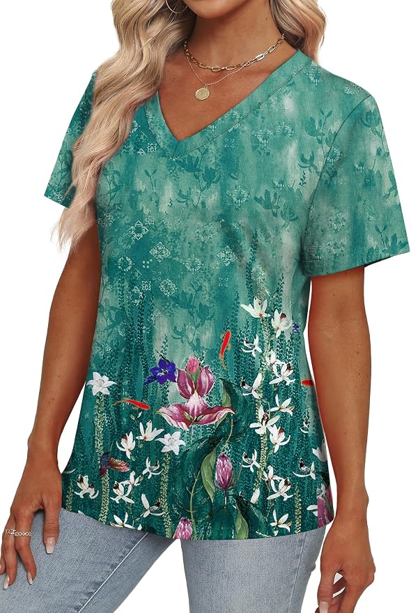 Alaroo Womens Summer Tops 2026 V Neck Short Sleeve Shirts Trendy Dressy Casual Vacation Outfits Printed