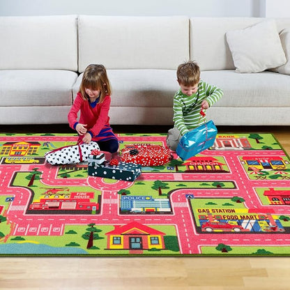 Kids Carpet Playmat Rug 59"x39.4", Car Rug for Kids Cars, Non-Slip Town City Road Map Kids Rug for Playroom Bedroom Boys, Kids Car Mat Road Rug, Track Rug Car Play Rug for Kids (59X39.4 INCH-Pink)