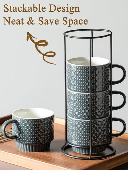 Gomakren Coffee Mugs Set of 4, 13oz Stackable Coffee Cup with Stand, Grey | Stackable Space-Saving, with 4 Spoons | Textured Grey Grid Stoneware Dishwasher Safe, for Coffee Milk Tea Cocoa & Gifting Use