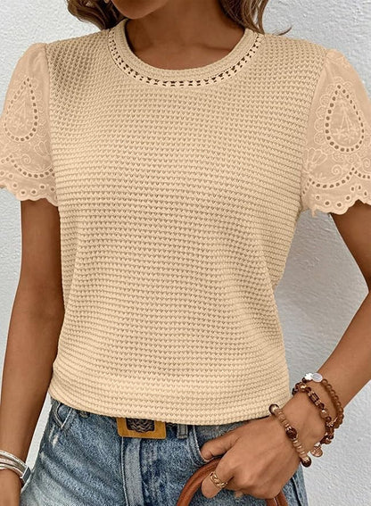 SHEWIN Womens Frenchy Summer Tops Crewneck Short Sleeve T Shirts Casual Waffle Knit Jacquard Blouses Top Shirts