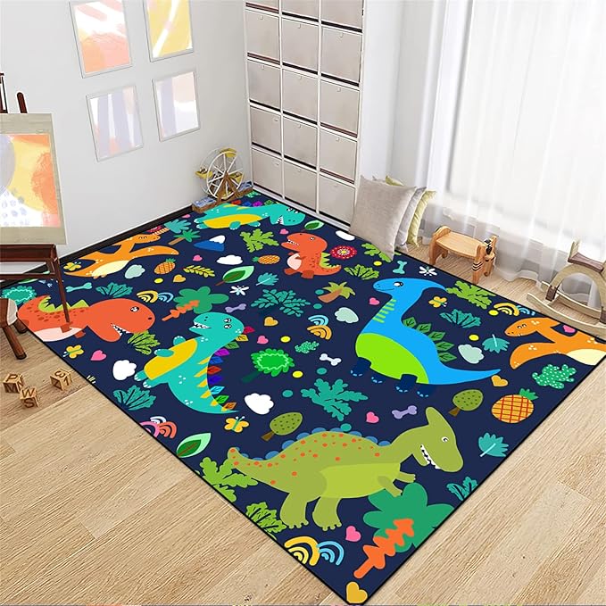 Dinosaur Rugs for Boys Bedroom Cute Dinosaur Area Rug and Leaves Print Dinosaur Rug Kids Rug Play Rug Dinosaur Carpets Cartoon Rug for Playroom Classroom,Blue 3'×5'
