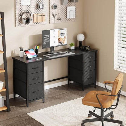 63'' Office Desk with 6 Fabric File Drawers - File Drawer Organization, Computer Work Desk, Study Writing Table, Home Office Workstation, Black